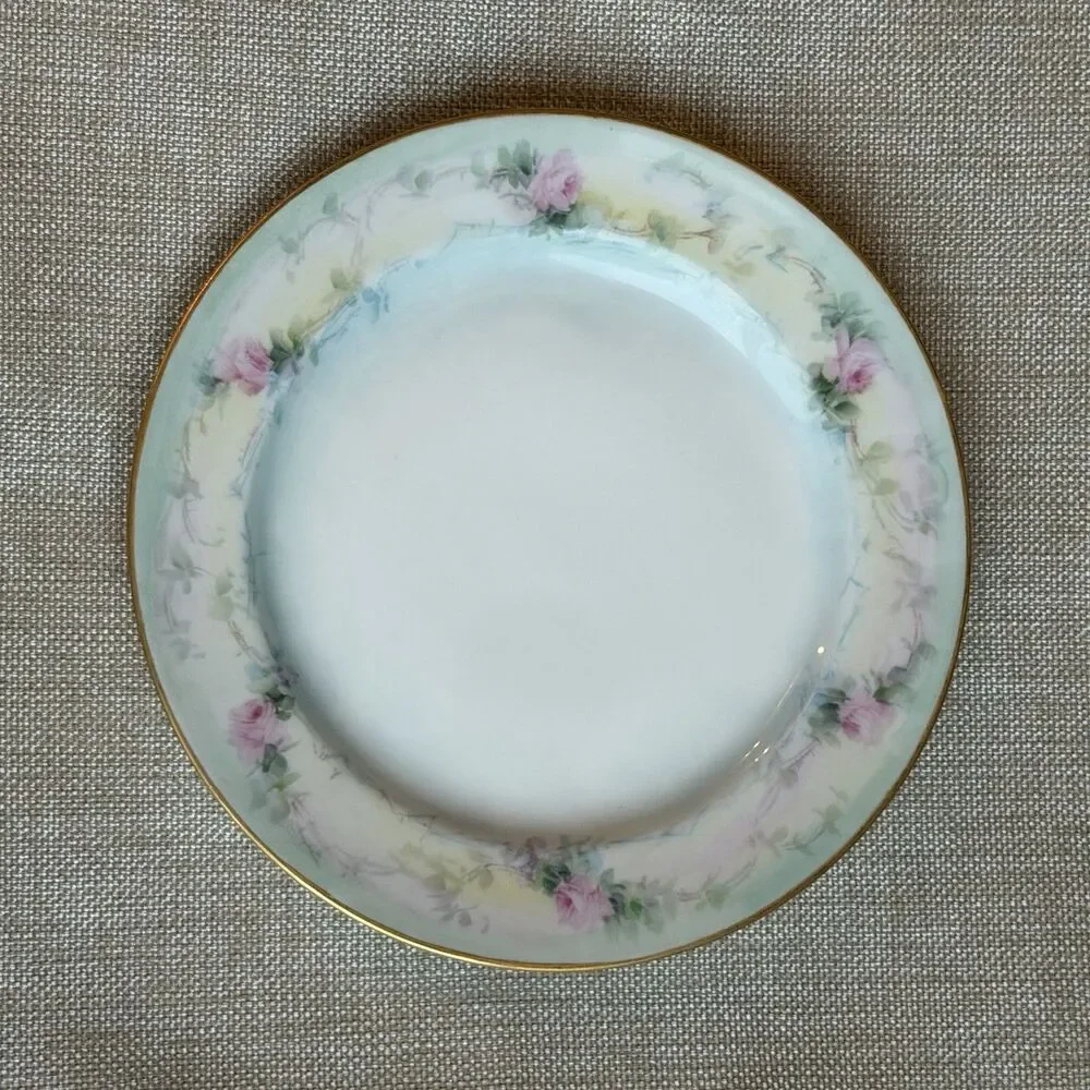 Set Of 2 Antique Limoges France Hand Painted Pink Roses Floral Blue Gold 7 1/2”